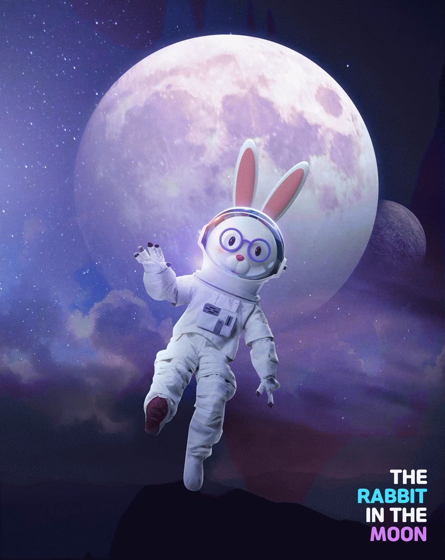 卡通趣味兔年宇航员宇宙星球兔子主视觉KV海报PSD分层设计素材【001】